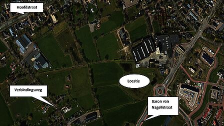 In het ovaal staat de toekomstige locatie van het wooncomplex. De locatie maakt straks onderdeel uit van een groter 'woonwerklandschap' dat wordt ingeklemd tussen de Verbindingsweg, Baron van Nagellstraat en Hoofdstraat.